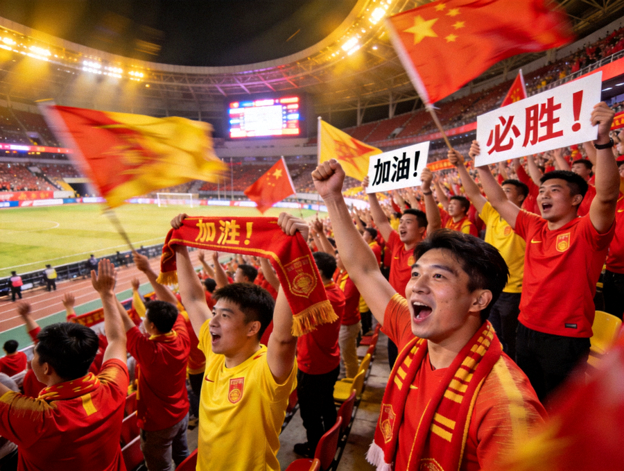 体育场内观众席上球迷为比赛欢呼的现场氛围