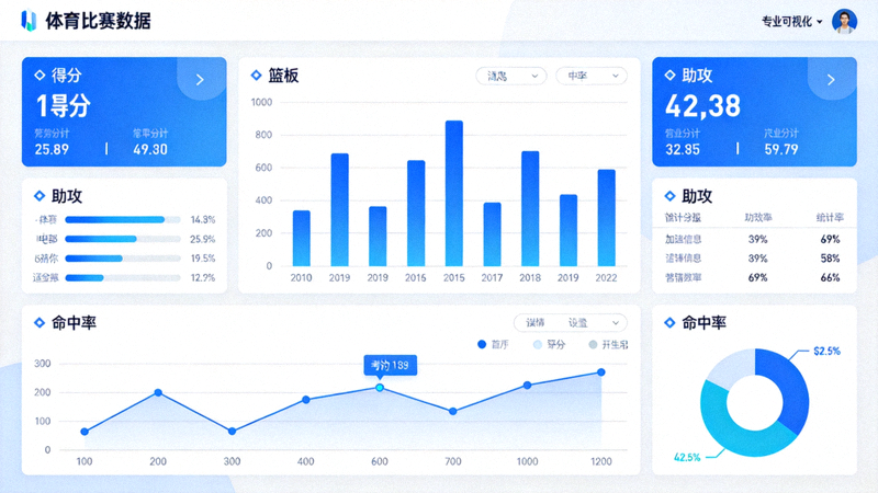 体育数据分析面板中展示的比赛统计指标与可视化图表