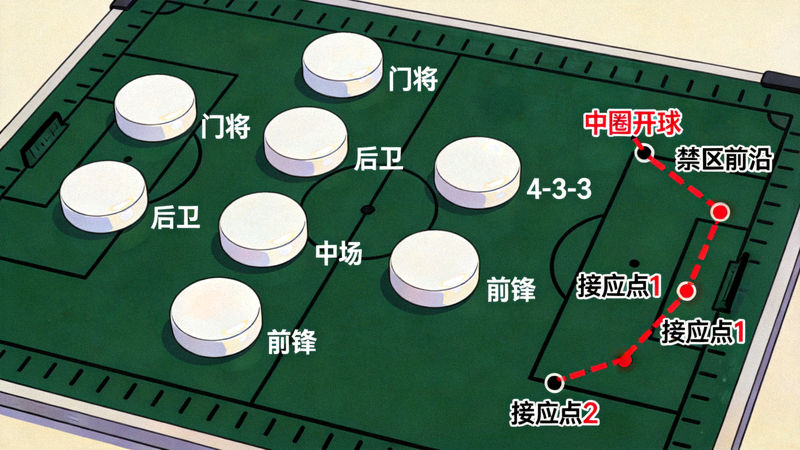足球战术板上摆放的阵型棋子与比赛路线示意